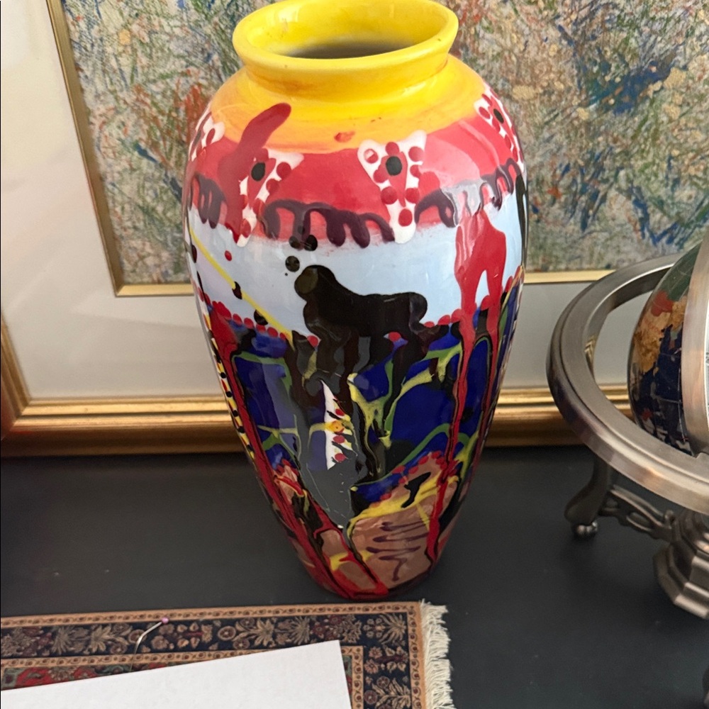 Colorful Abstract Vase with Yellow Rim